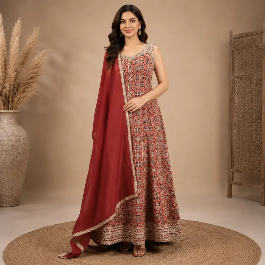 Women’s Red Printed Ethnic Anarkali Gown with Matching Dupatta, Elegant Embellished Neckline for Wedding
