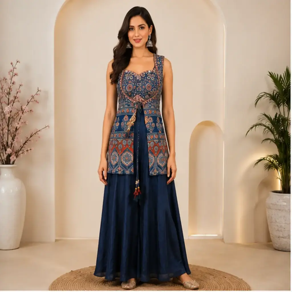 Women’s Navy Blue Printed Ethnic Top with Flared Palazzo, Designer Co-Ord Set for Wedding