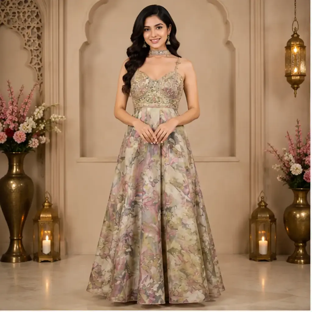 Women’s Pastel Floral Embroidered Gown with Dupatta, Designer Ethnic Party Wear Dress