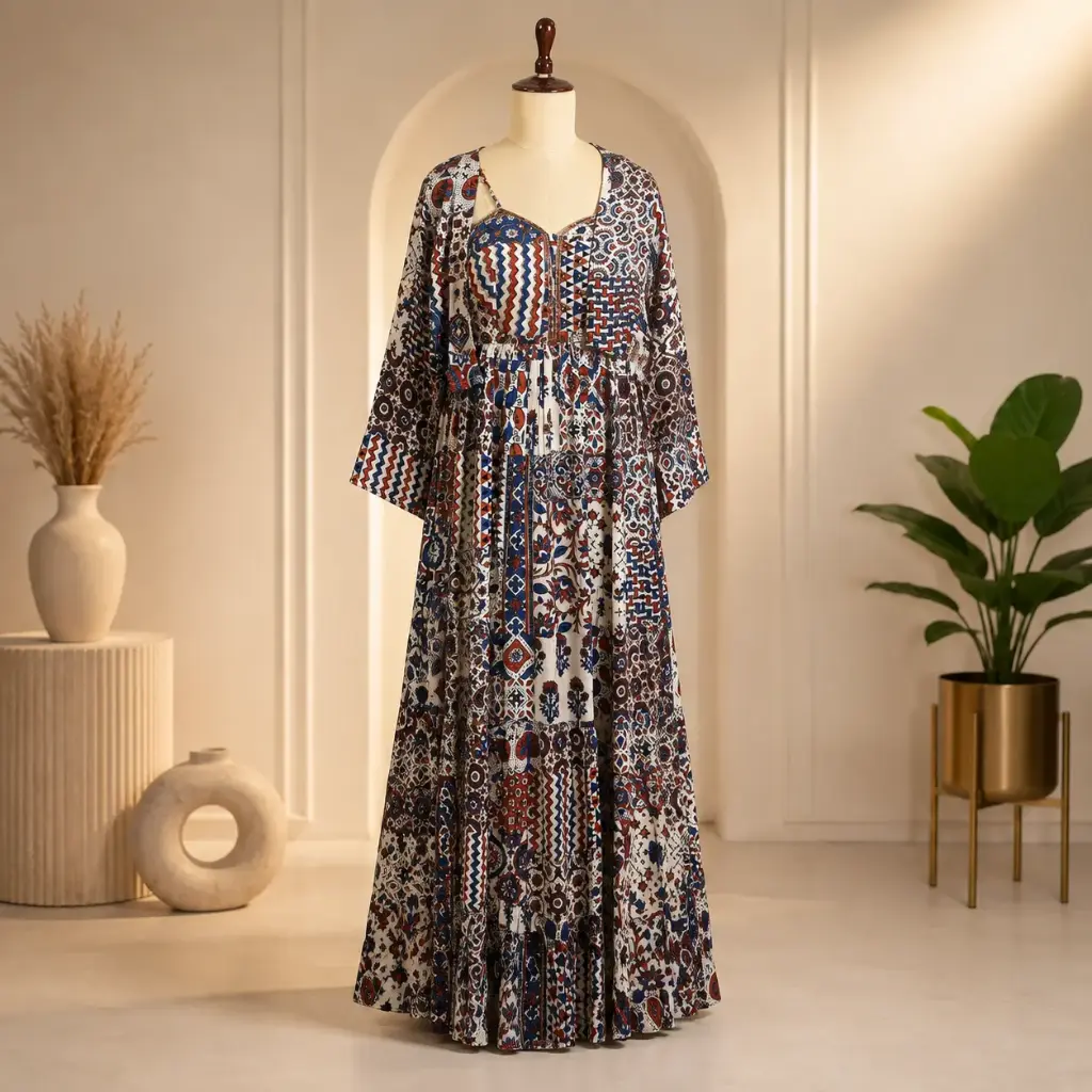 Women’s Multicolor Printed Gown with Matching Jacket, Flared Floor-Length Ethnic Dress Set with Full Sleeves for Festive