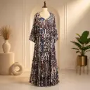 Women’s Multicolor Printed Gown with Matching Jacket, Flared Floor-Length Ethnic Dress Set with Full Sleeves for Festive