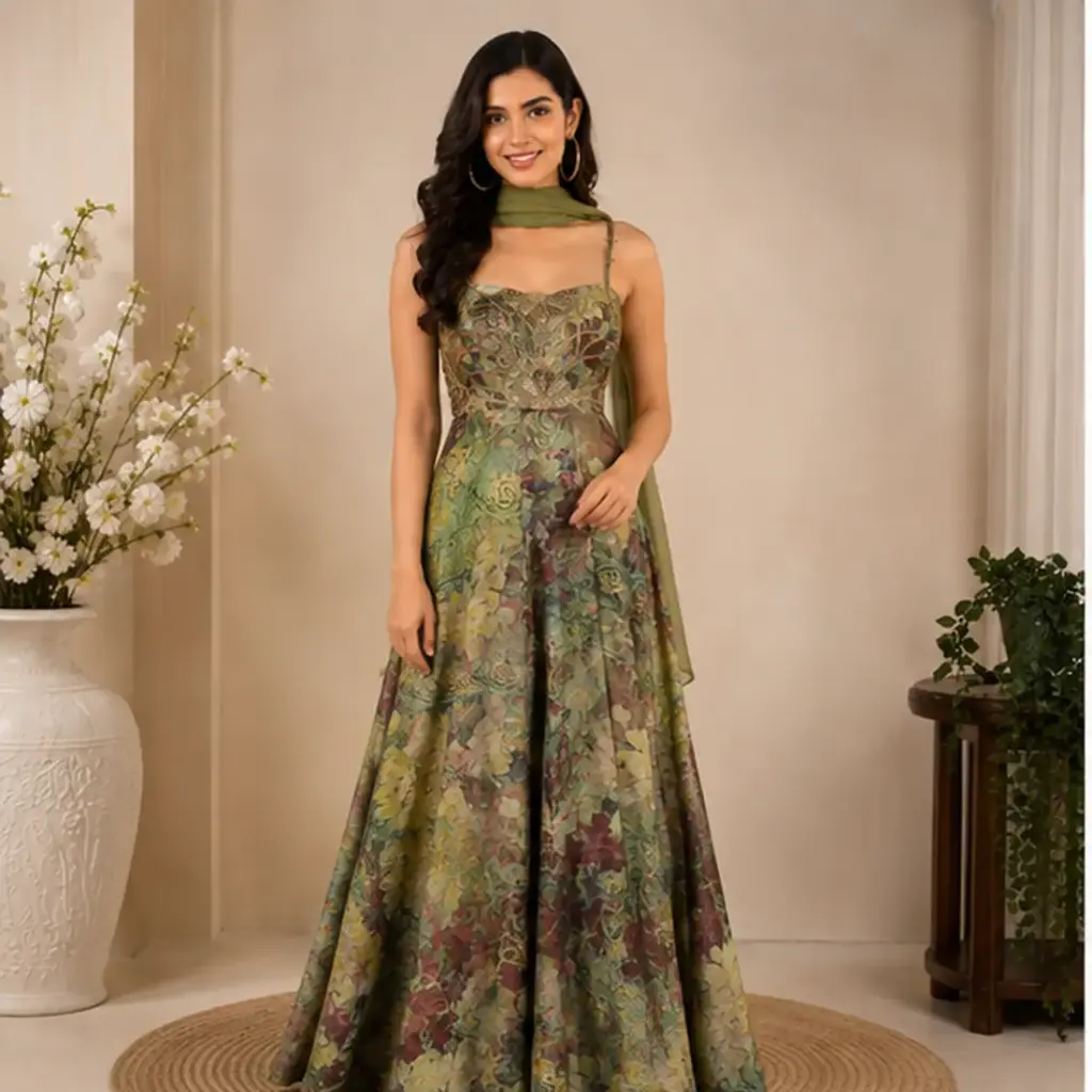 Women’s Green Floral Printed Long Gown with Embellished Bodice n Dupatta, Designer Ethnic Dress for Wedding