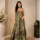 Women’s Green Floral Printed Long Gown with Embellished Bodice n Dupatta, Designer Ethnic Dress for Wedding