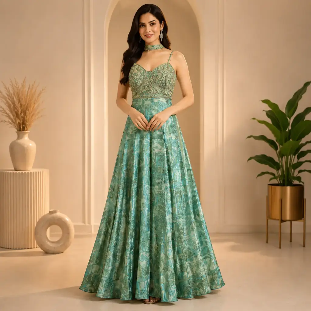 Women’s Mint Green Printed Gown with Embellished Neckline and Matching Dupatta