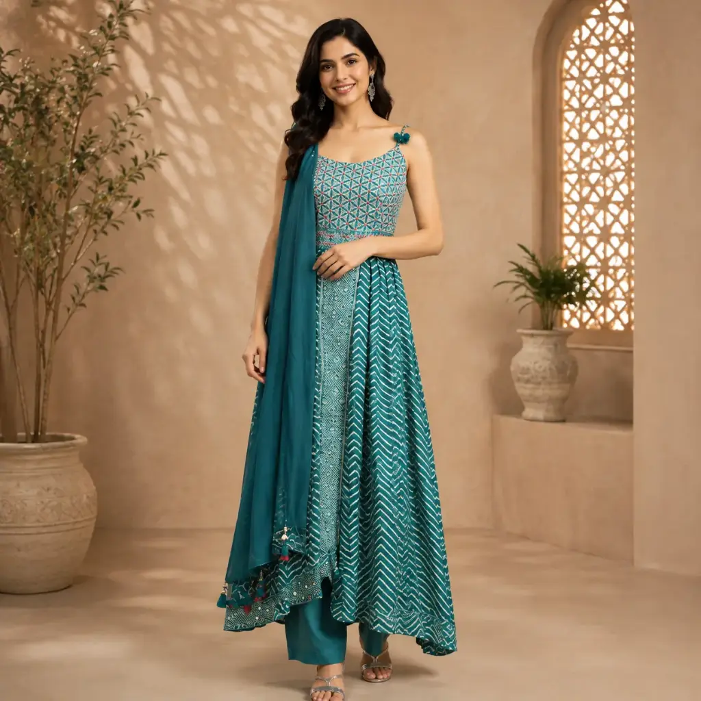 Women’s Teal Blue Printed Gown with Matching Dupatta, Elegant Embellished Waist, Flared Floor-Length Silhouette for Wedding