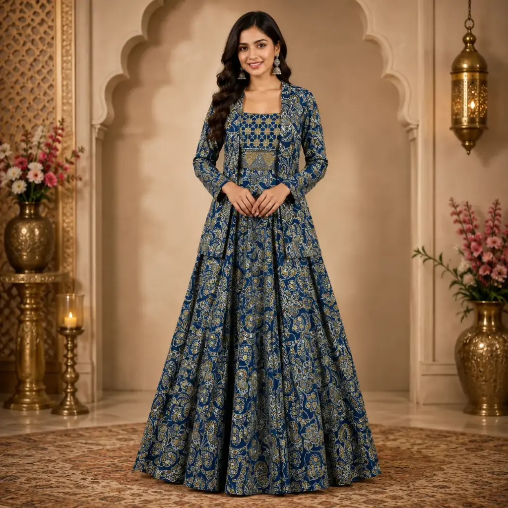 Women’s Blue Printed Blouse Jacket with Flared Skirt Set, Designer Ethnic Co-Ord Outfit for Wedding