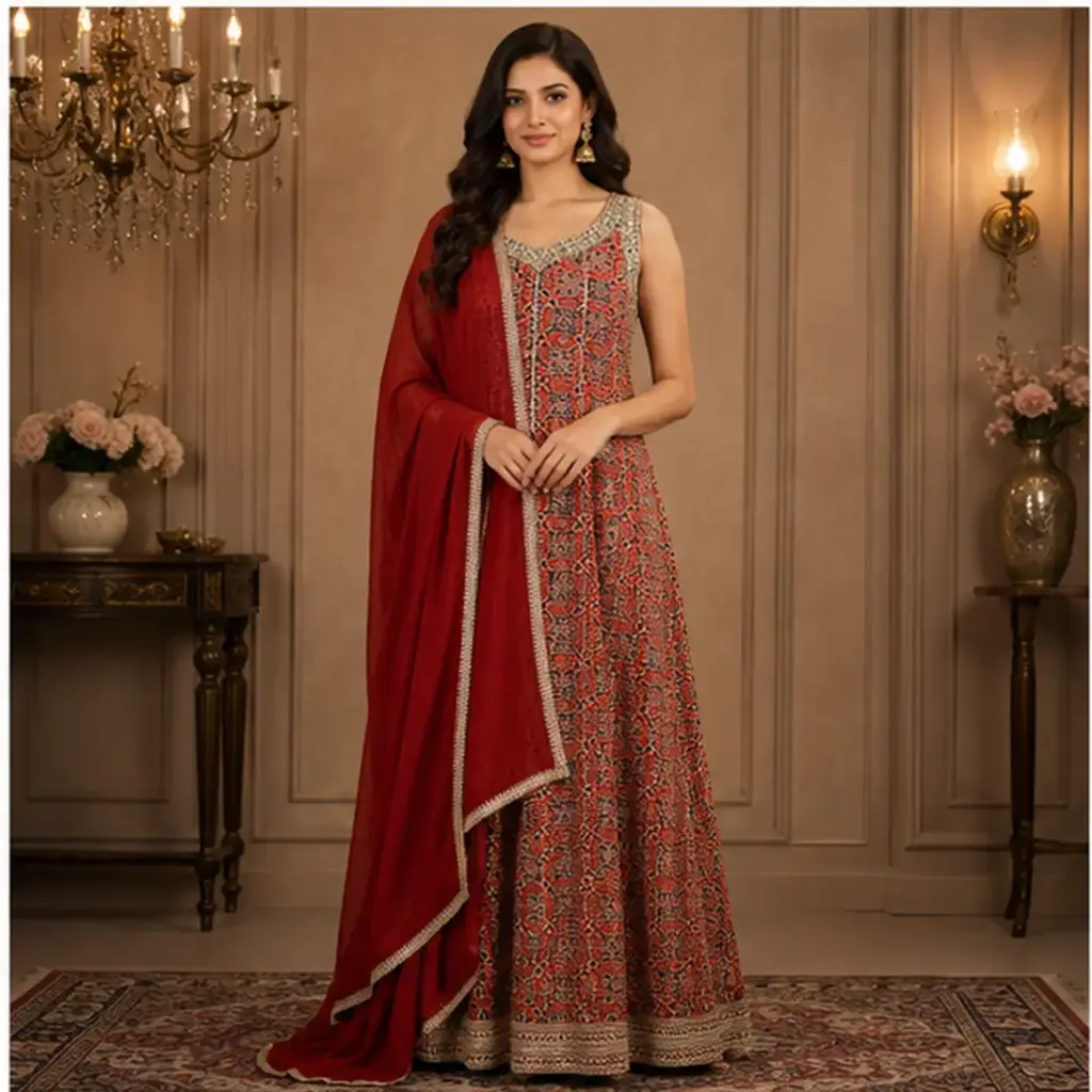 Women’s Red Printed Anarkali Kurta Set with Dupatta, Elegant Ethnic Wear with Embellished Neckline for Wedding