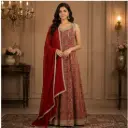 Women’s Red Printed Anarkali Kurta Set with Dupatta, Elegant Ethnic Wear with Embellished Neckline for Wedding