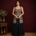 Women’s Black Printed Embroidered Crop Top with Flared Palazzo, Designer Ethnic Set