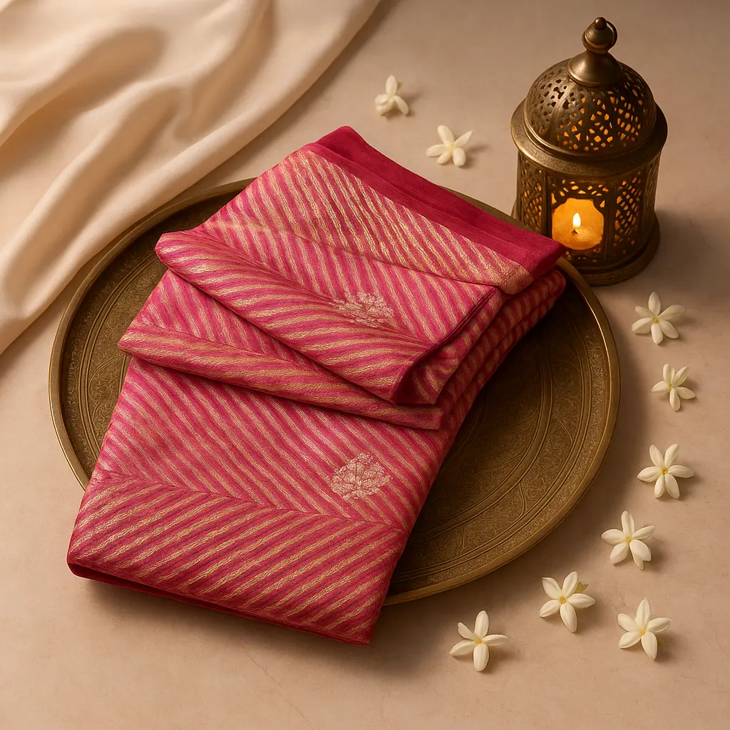 Elegant Pink Silk Leheriya Saree with Golden Zari Border 