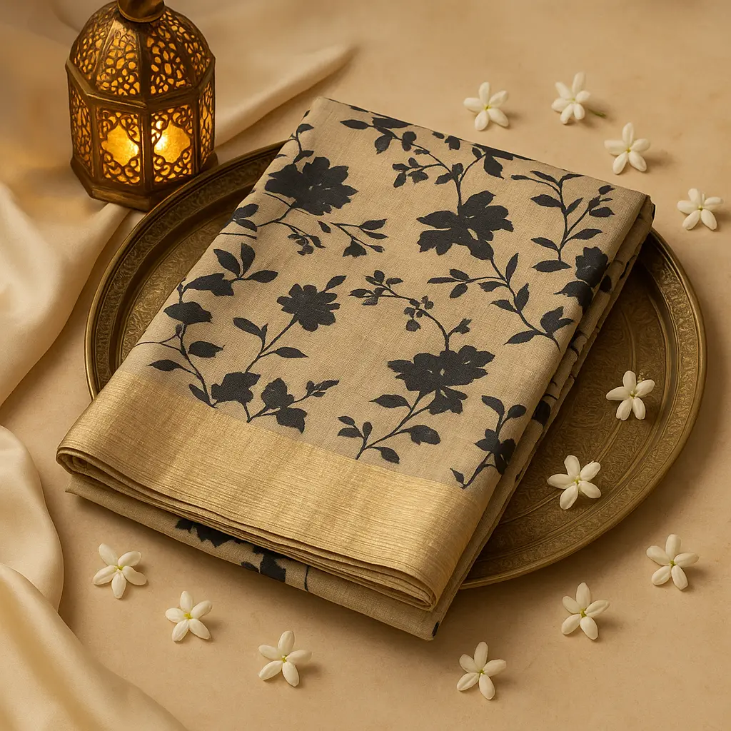 Elegant Beige and Black Floral Print Zari Border Saree