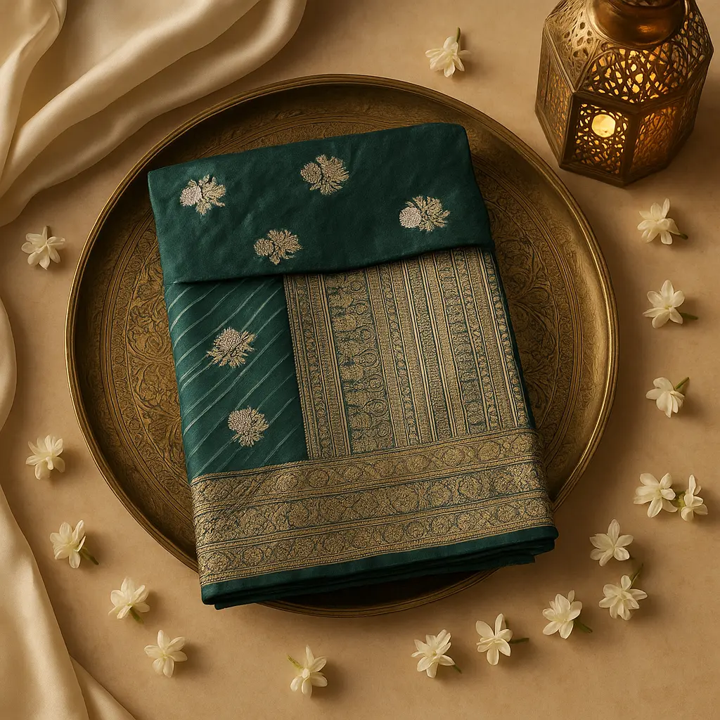 Elegant Emerald Green Zari Work Designer Silk Saree 