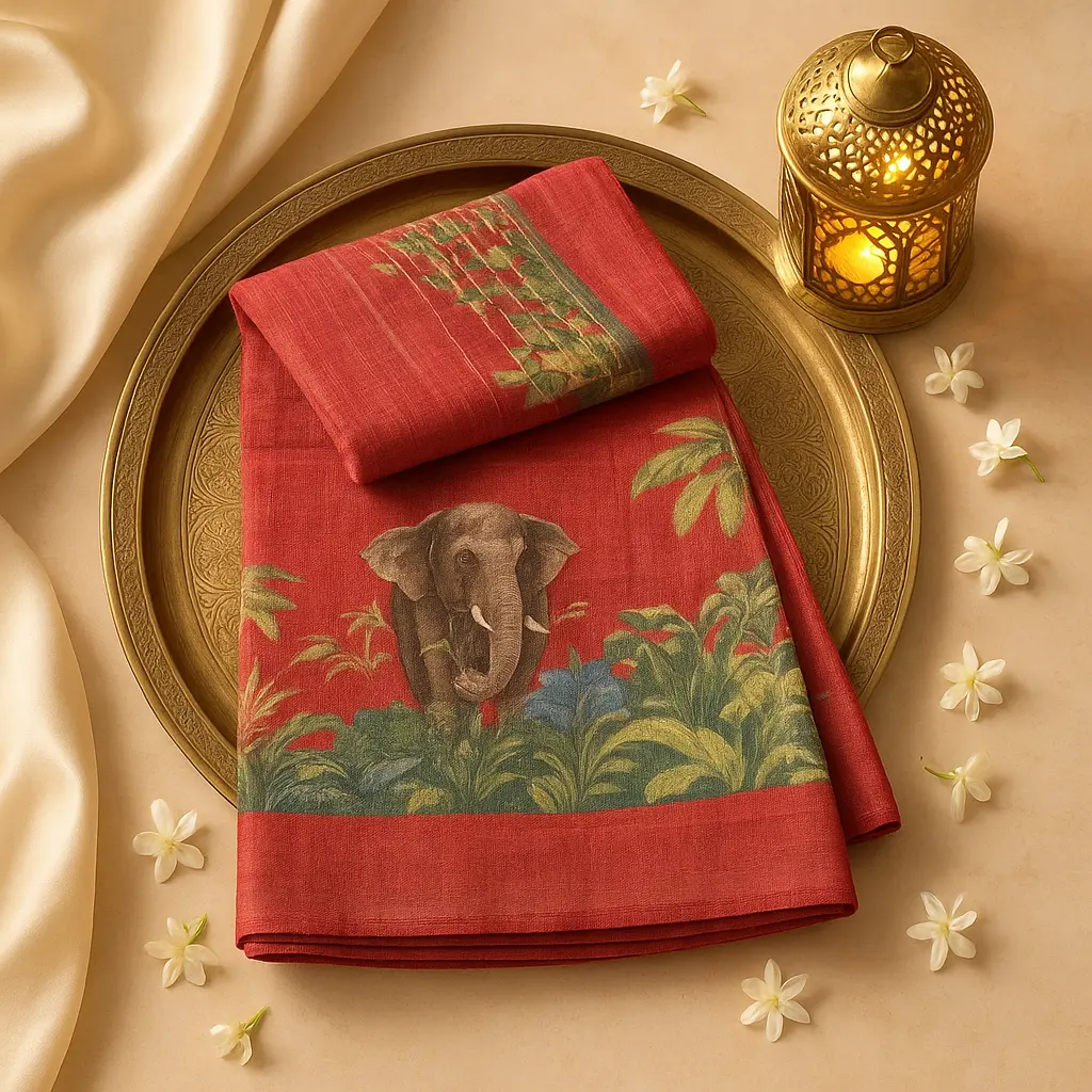Exquisite Red Silk Saree with Traditional Wildlife Motif Print 