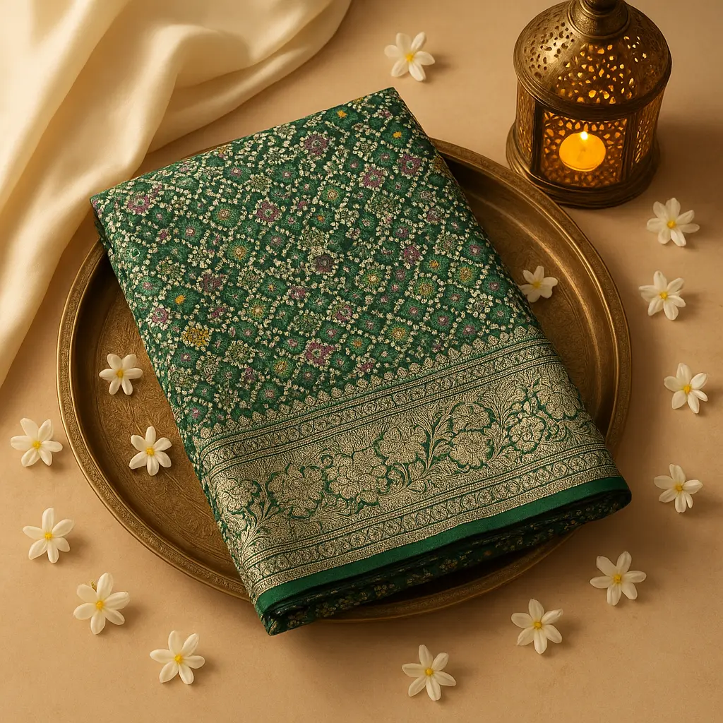 Elegant Deep Green Patola Inspired Silk Saree with Zari Border