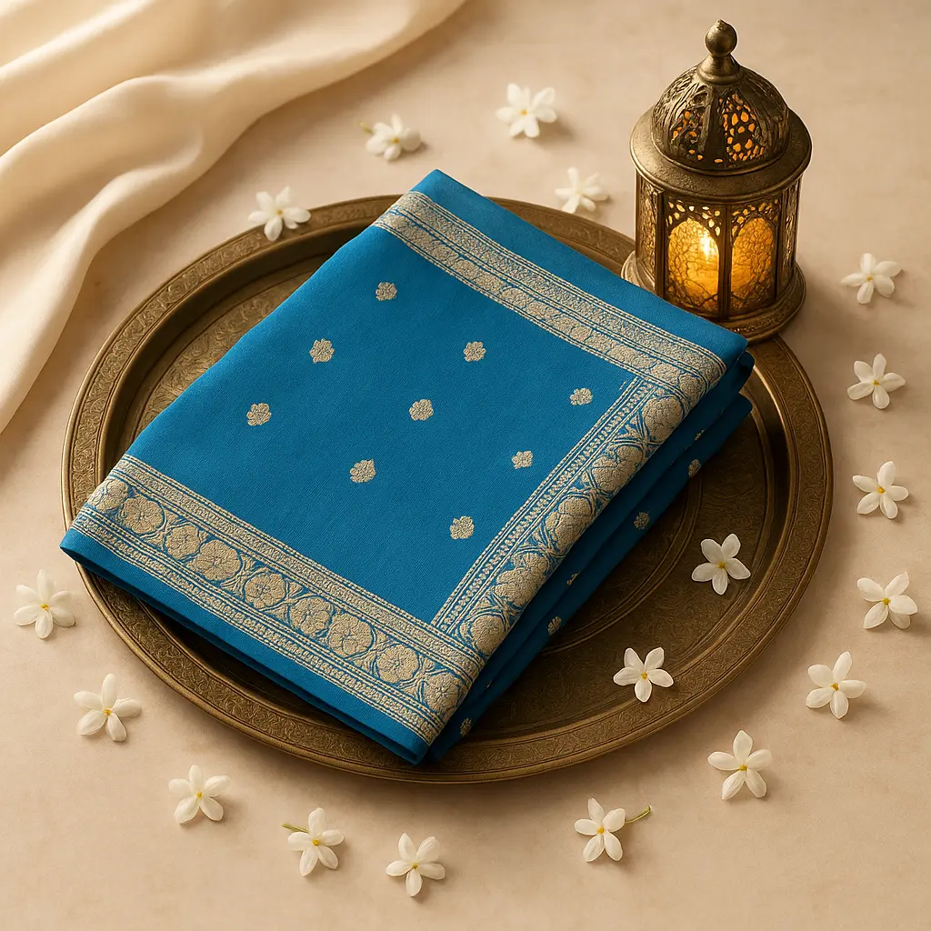 Elegant Teal Silk Saree with Intricate Gold Zari Border