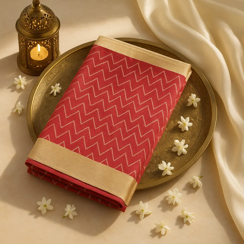 Red Chevron Printed Tussar Silk Saree with Zari Border