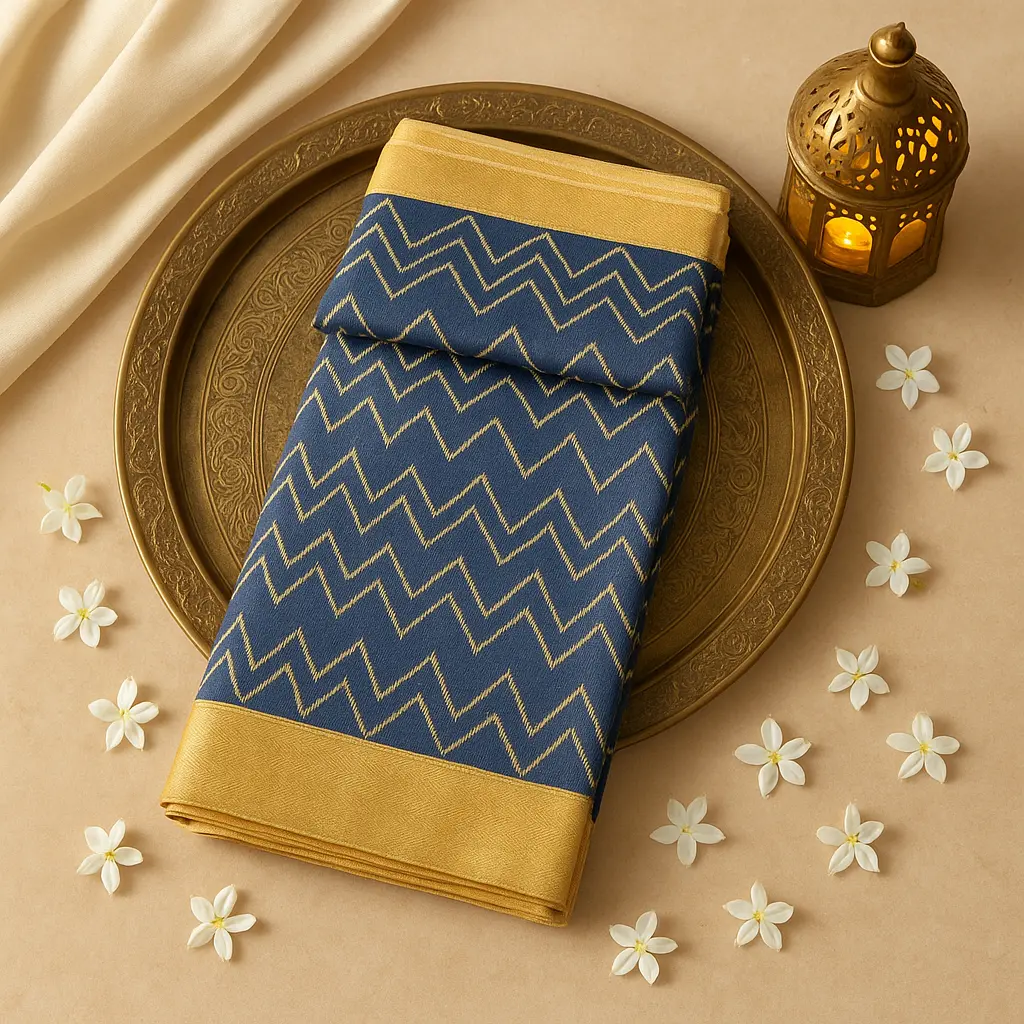 Elegant Navy Blue Zigzag Pattern Designer Saree with Zari Border