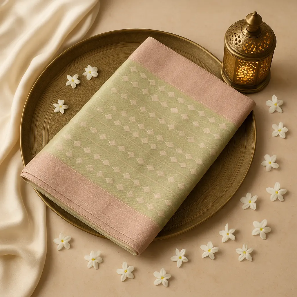 Elegant Gold and Pastel Designer Saree with Geometric Weave