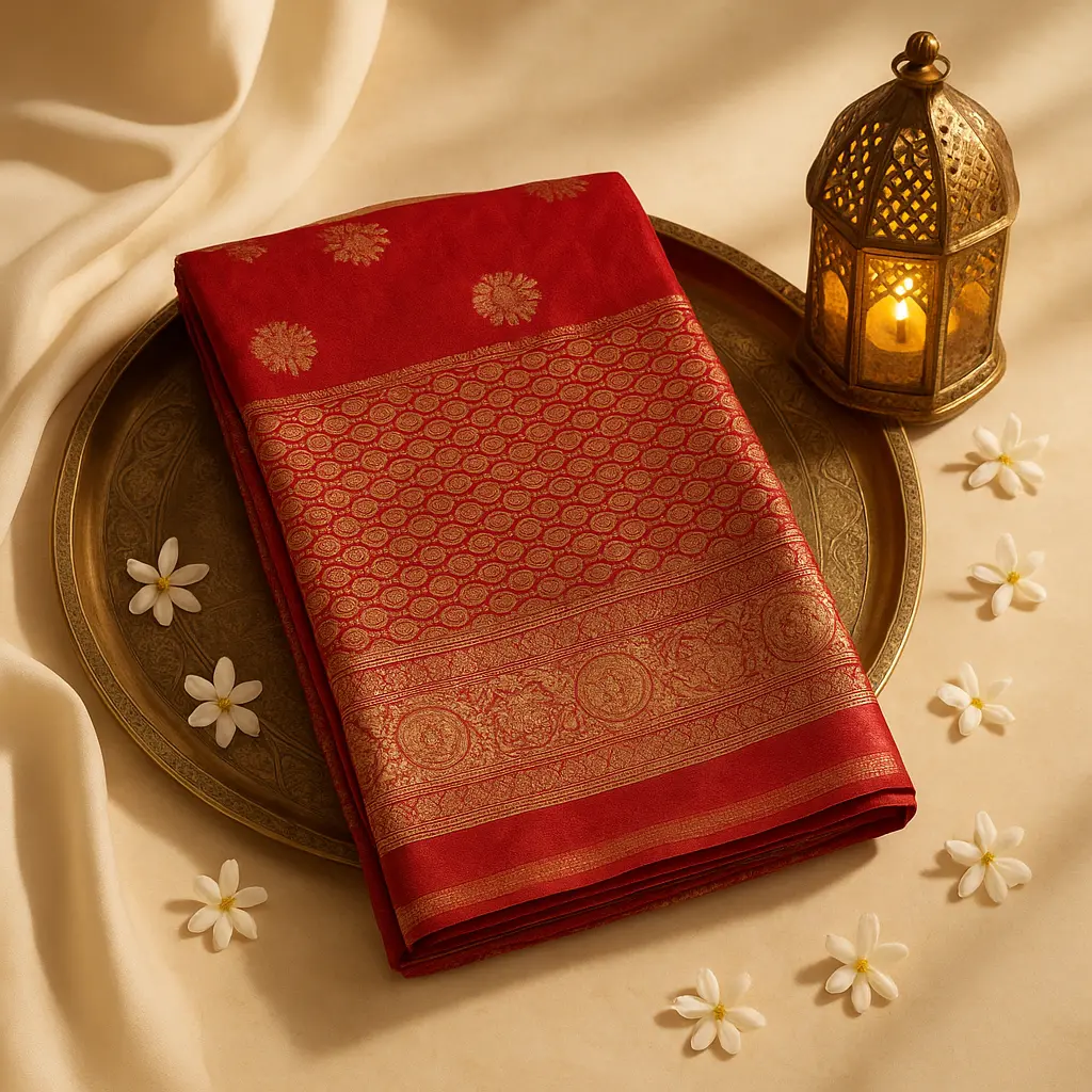 Red Leheriya Banarasi Silk Saree With Intricate Gold Zari Border 