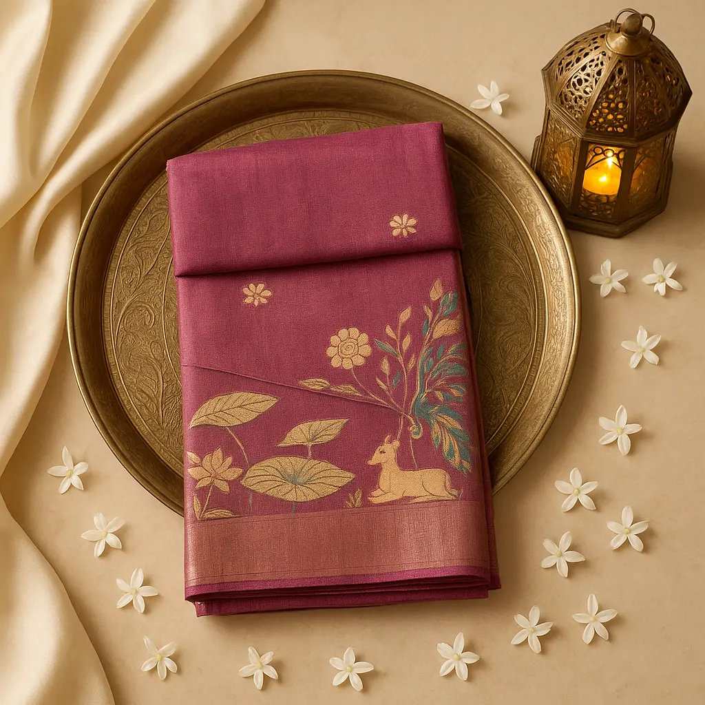 Elegant Wine-Hued Silk Saree with Traditional Peacock Motif Print