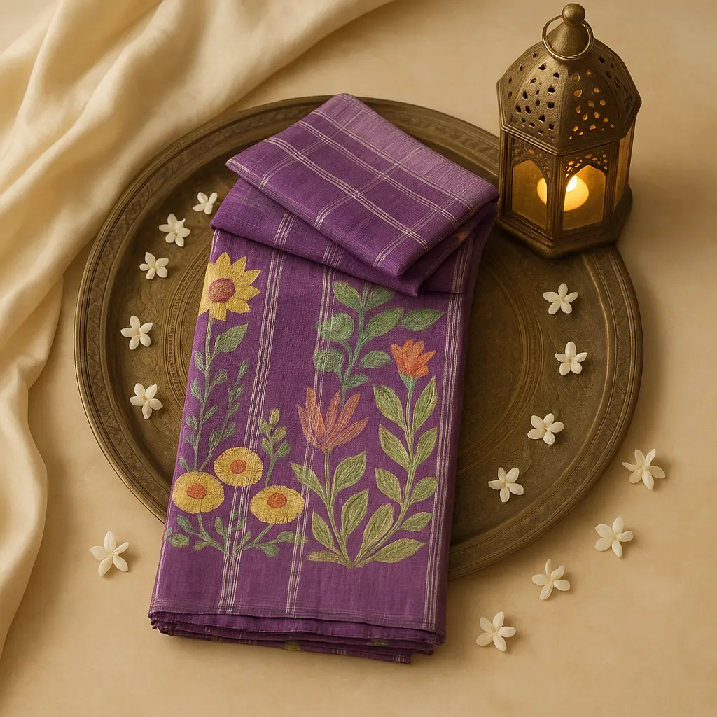 Elegant Purple Linen Silk Saree with Flamingo Floral Prints