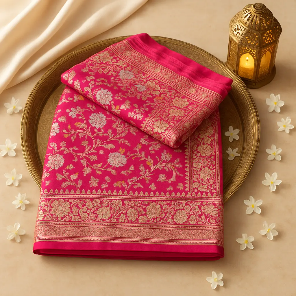 Exquisite Fuchsia Pink Handwoven Banarasi Silk Designer Saree