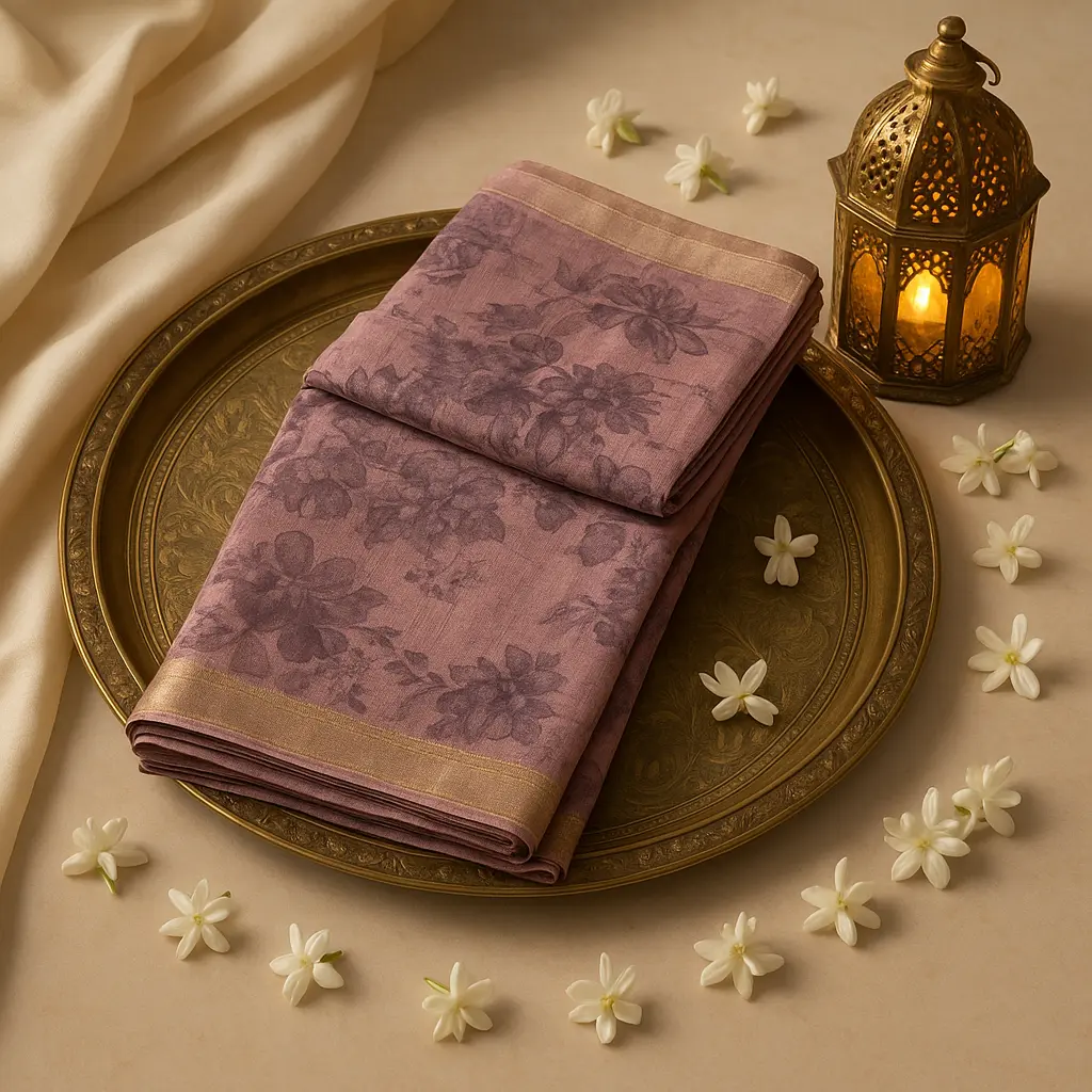 Elegant Mauve Floral Print Saree with Gold Zari Border