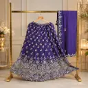 Women’s Royal Purple Embroidered Lehenga with Dupatta, Silver Sequin Work, Heavy Scalloped Border