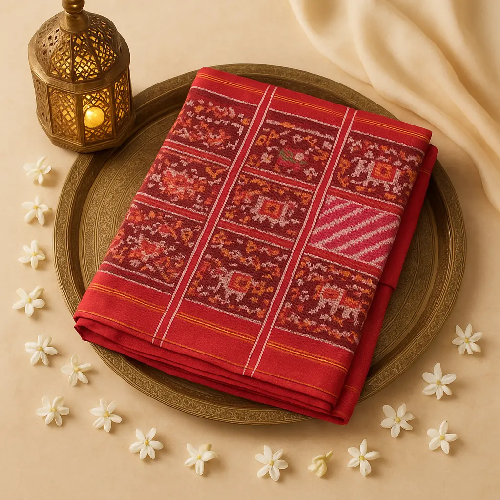 Exquisite Handwoven Red Ikat Silk Saree with Zari Border