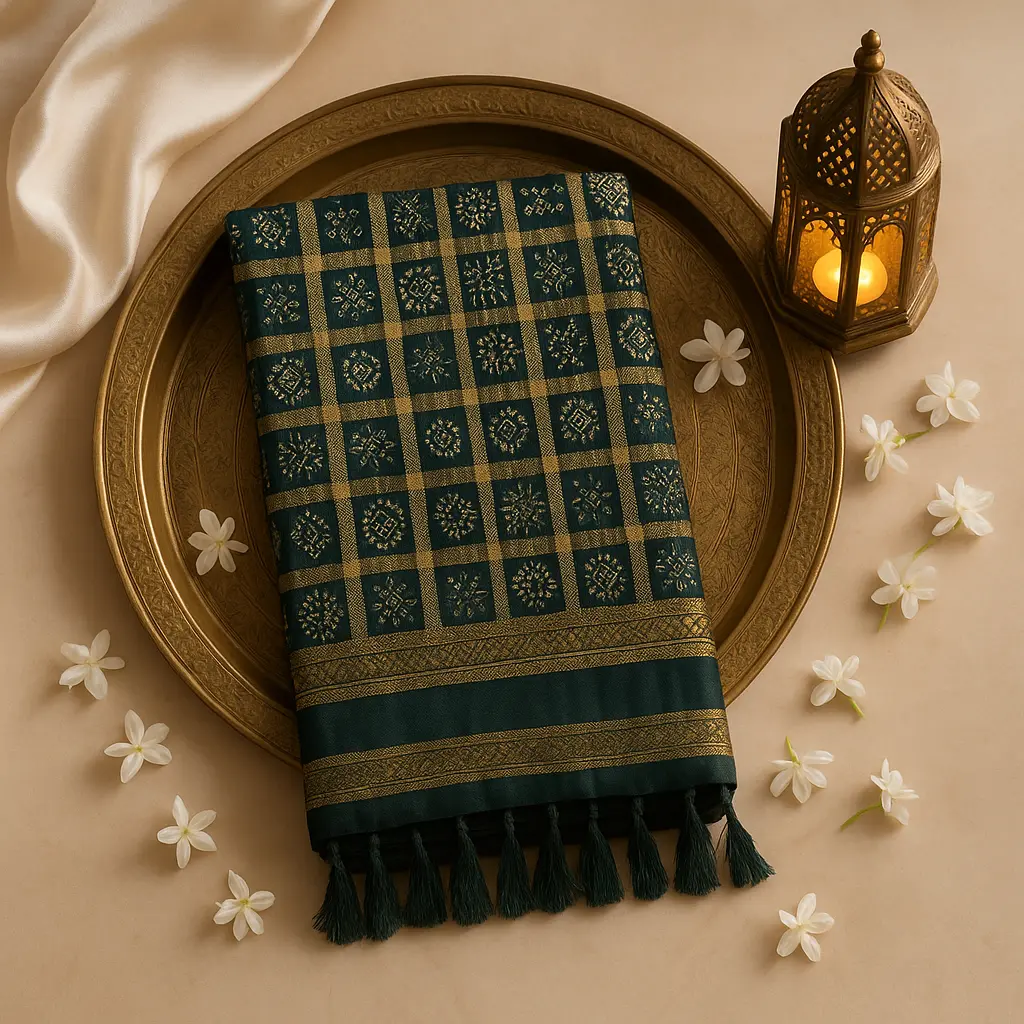 Elegant Deep Green Bandhani Saree with Luxurious Zari Checkered Pattern