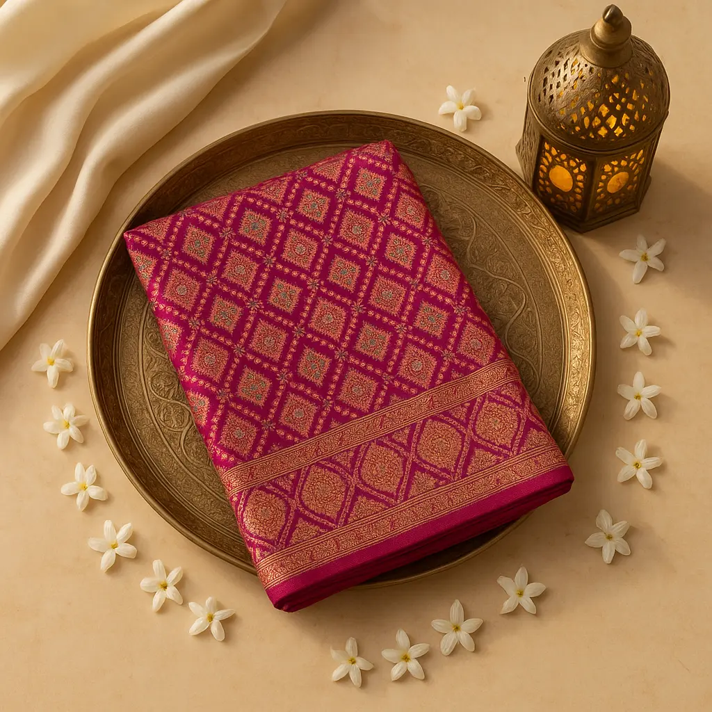Luxurious Magenta Bandhani Saree with Intricate Zari Weaving
