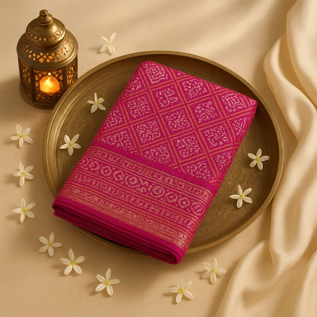 Magenta Gaji Silk Bandhani Saree with Rich Nakshi Border