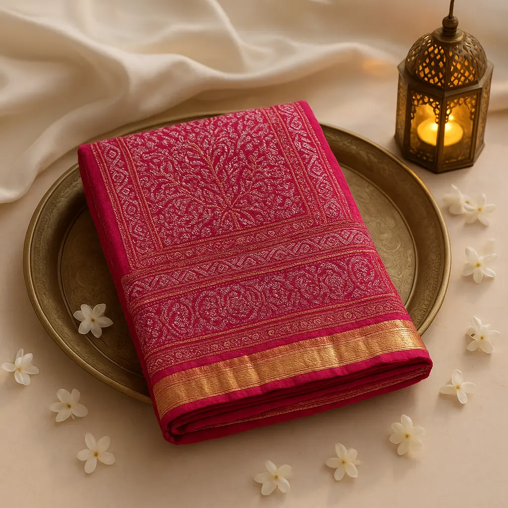 Exquisite Fuchsia Gaji Silk Bandhani Saree with Zari Border
