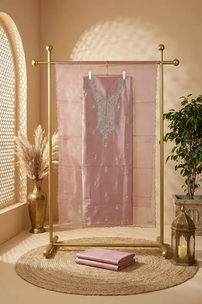 Dusty Pink Tissue Silk Hand-Embroidered Unstitched Suit Material