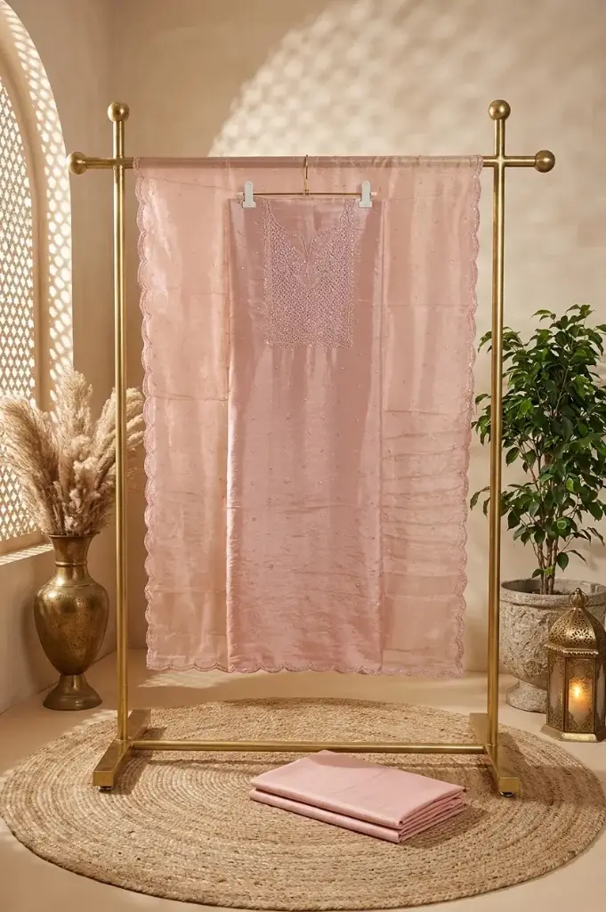Blush Pink Shimmer Tissue Embroidered Unstitched Dress Material