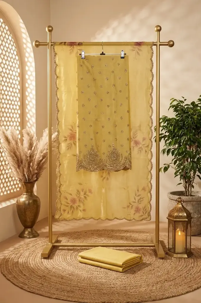 Sunshine Yellow Tissue Organza Embroidered Unstitched Suit Fabric Set