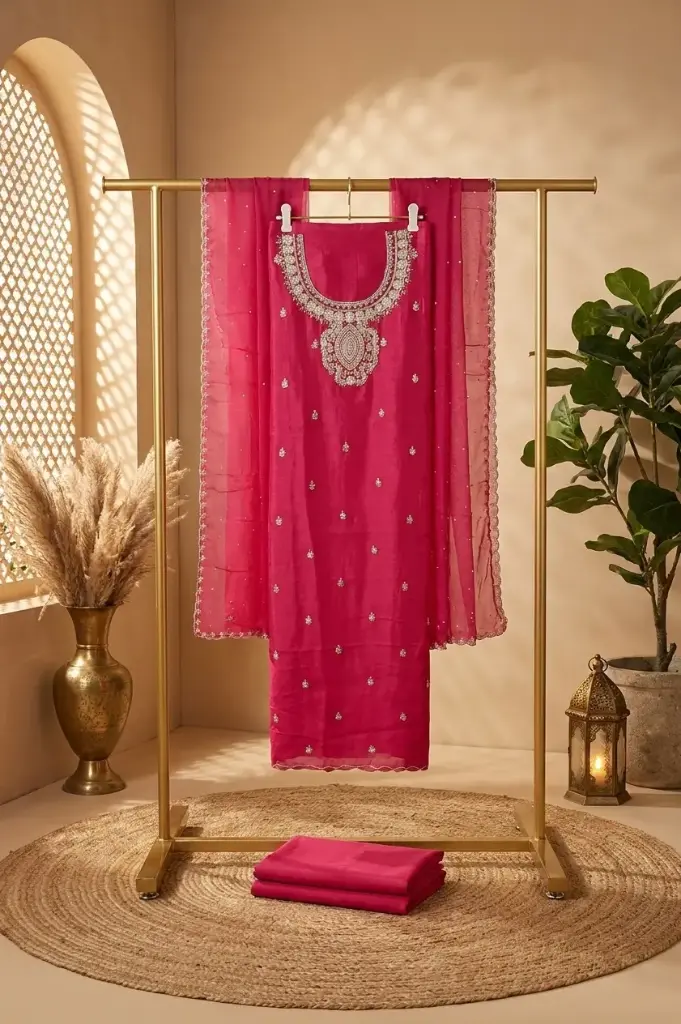 Rani Pink Embroidered Silk Unstitched Suit Material Set
