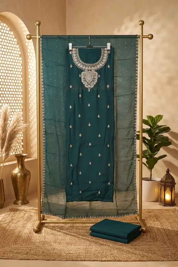 Teal Green Embroidered Silk Blend Unstitched Suit Material