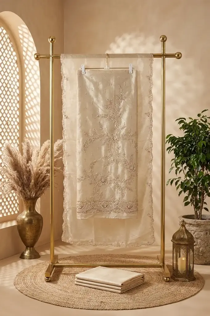 Champagne Gold Tissue Silk Embroidered Unstitched Suit Material