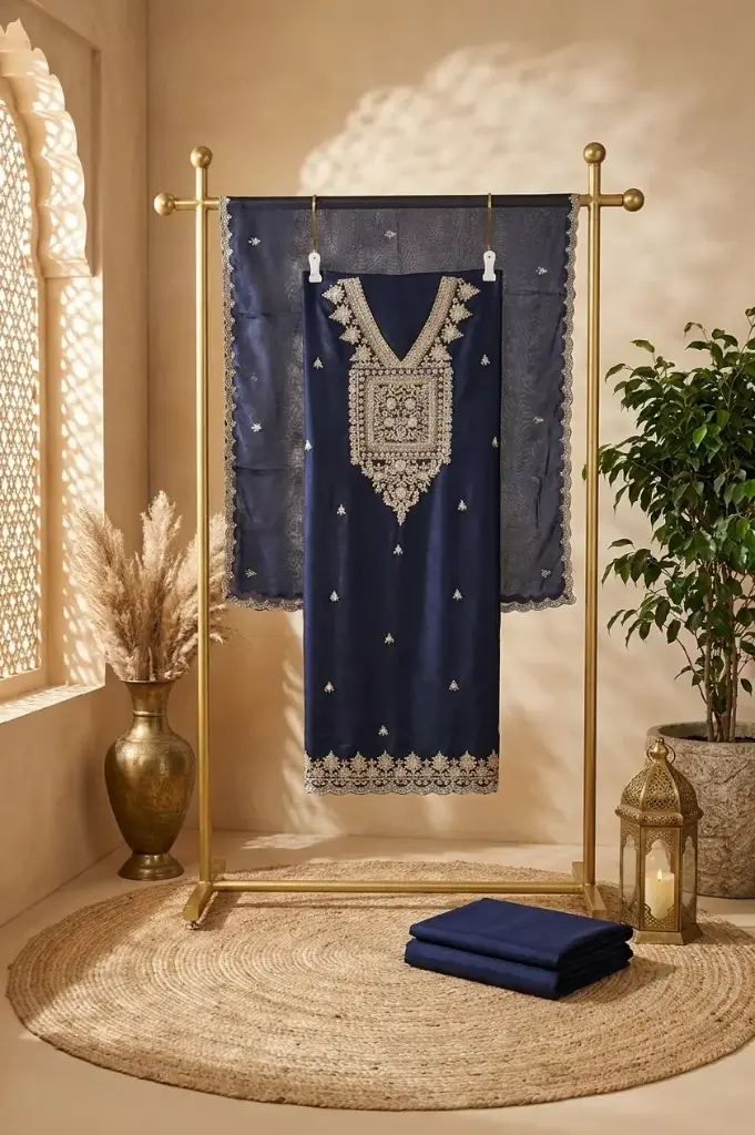 Navy Blue Silk Unstitched Suit with Zardozi Embroidery