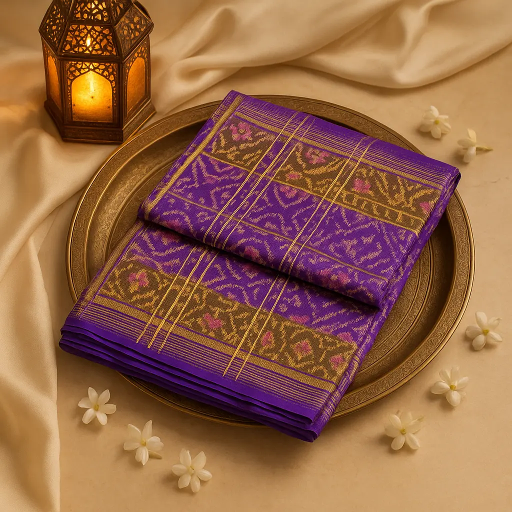 Exquisite Royal Purple Patola Silk Saree With Golden Border