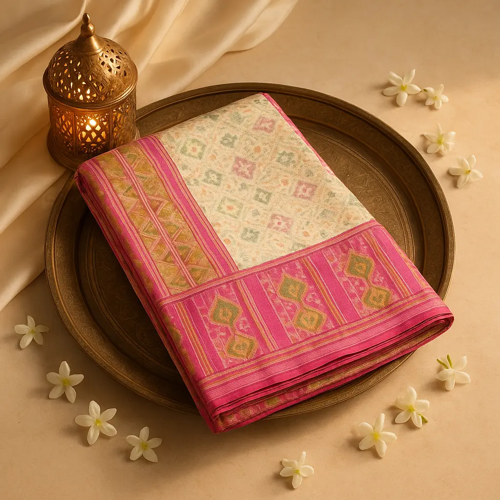 Elegant Pink and Cream Patola Silk Saree with Zari