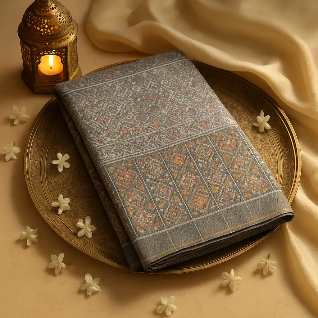 Elegant Grey Patola Silk Saree With Intricate Geometric Motifs 