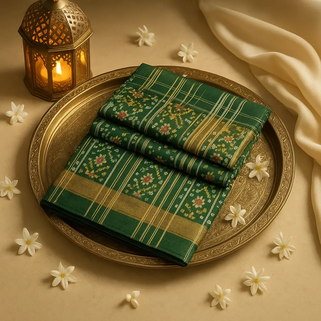 Elegant Emerald Green Handloom Silk Saree with Traditional Motifs