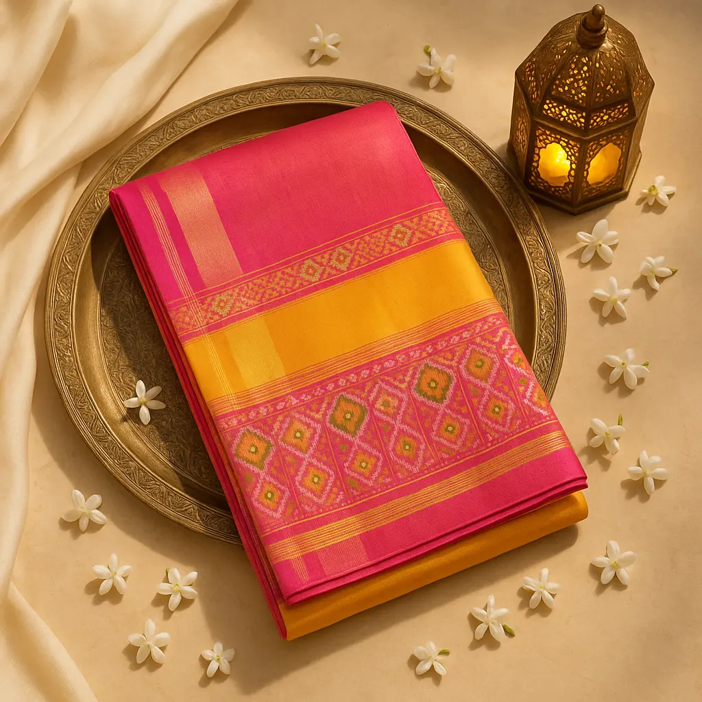 Elegant Pink and Yellow Patola Silk Saree with Zari Border