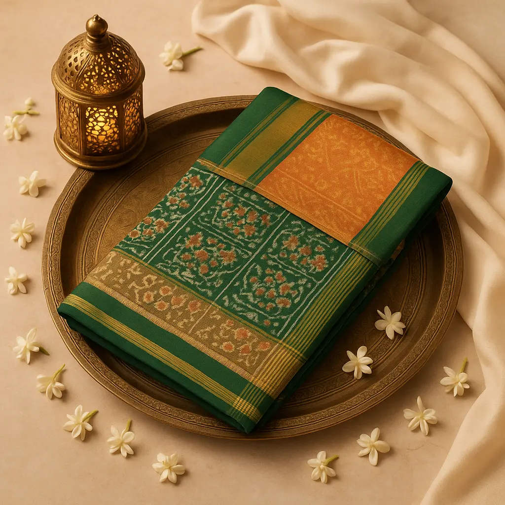 Elegant Green and Orange Ikat Silk Saree with Zari