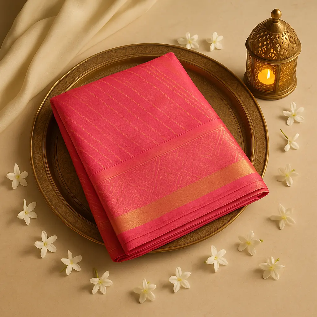 Elegant Pink Ikat Silk Saree with Rich Copper Zari Border