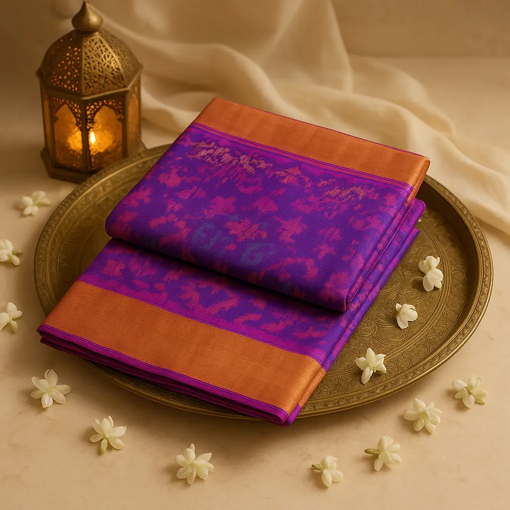 Exquisite Purple Ikat Silk Saree with Traditional Gold Border