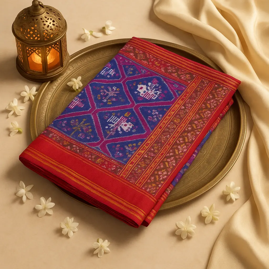 Exquisite Traditional Patola Silk Saree with Intricate Geometric Weave
