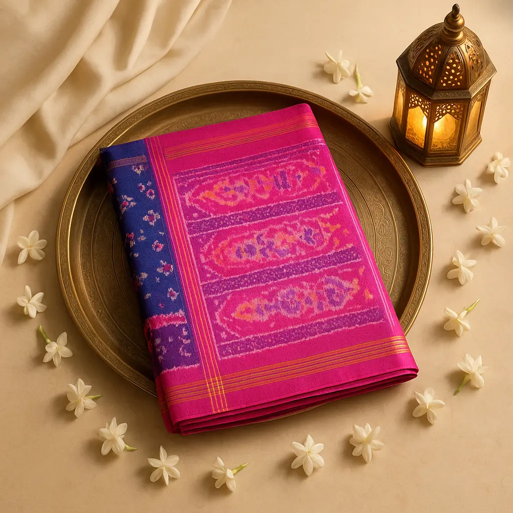 Elegant Pink and Blue Ikat Silk Saree with Zari Border